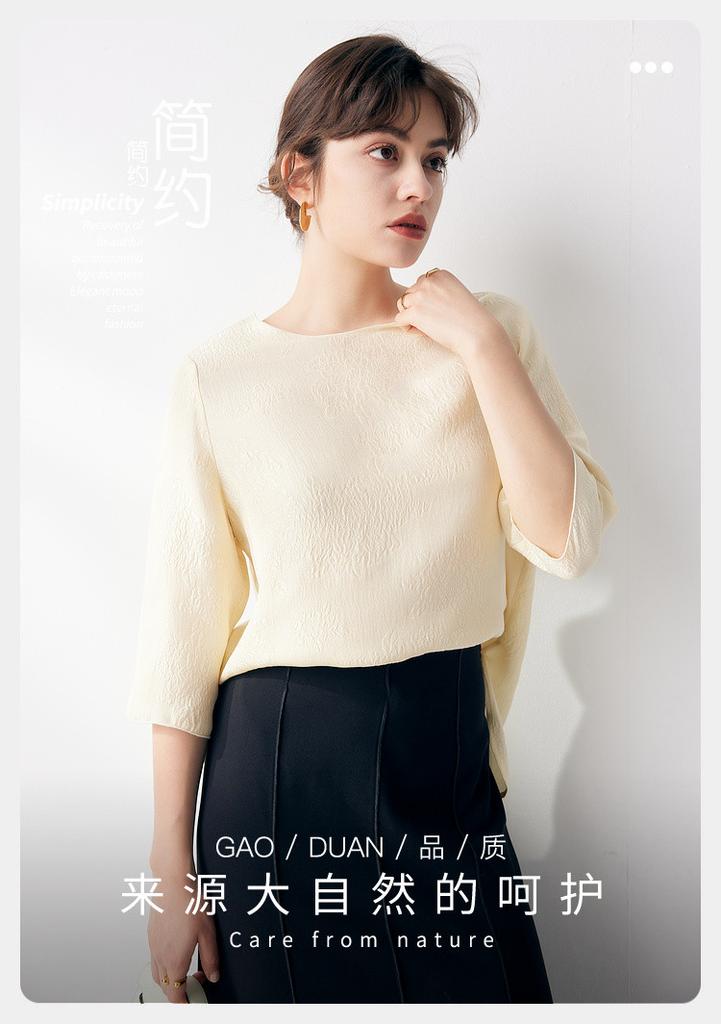 [3D Carving] Spring and summer round neck loose slimming solid color silk flower Luo Guan Le Crepe short sleeved T-shirt for women