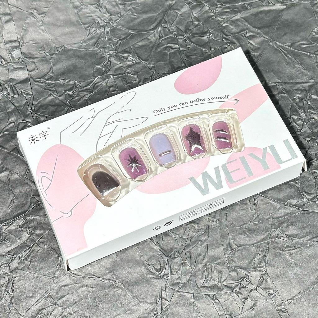 Magic Mirror Silver Purple Cat Eye Spicy Girl Y2K Handmade Short Wearable Nail Art Patches