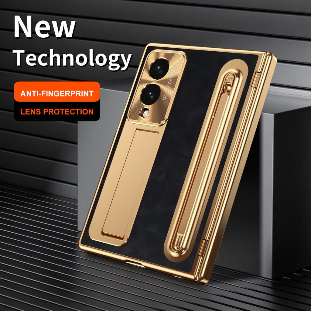 Luxury Plating Leather Kickstand Stylus Slot Case For Samsung Galaxy Z Fold 8 Wide 7 6 5 Hinge Tempered Glass Screen Film Cover