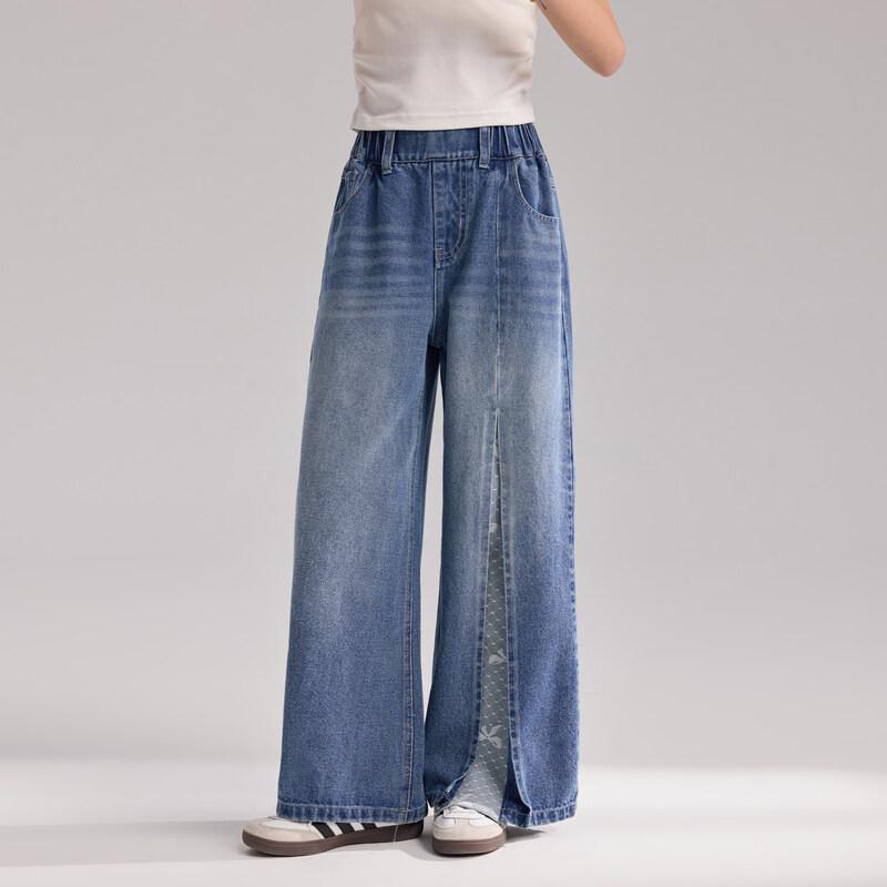 

Girls Deconstructed Blue Lace Slit Straight-Leg Jeans 120