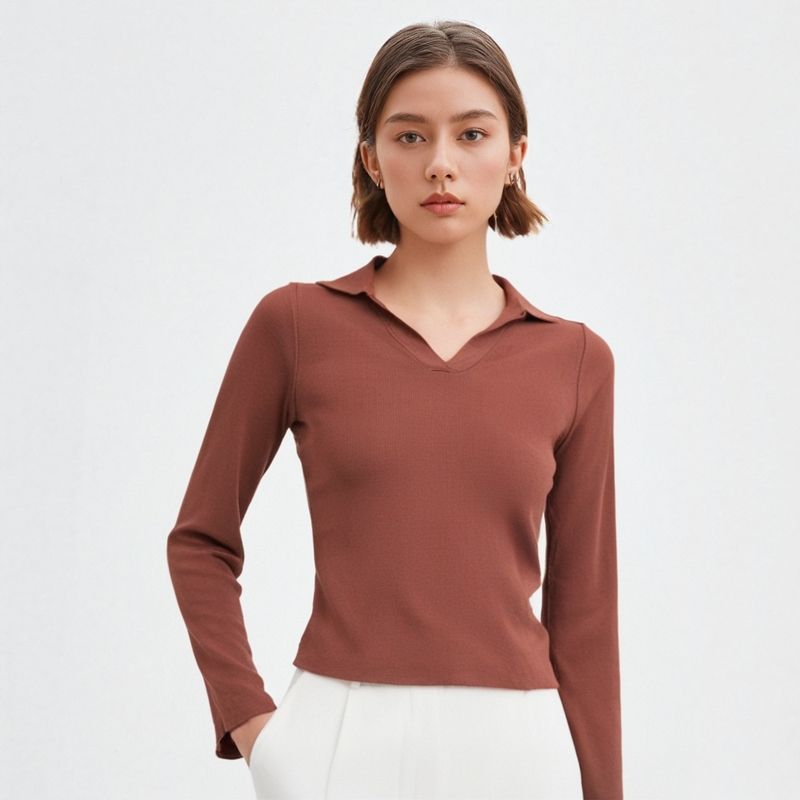 French Simplicity Pure Color Polo Lapel Knitwear Women's Clothing Silm Slim Looking Short Bottoming Shirt Long-Sleeved Versatile Top