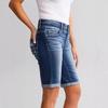 Women's Mid-Length Elastic Denim Shorts - Double-Button Washed Jeans, European & American Style Fashion.
