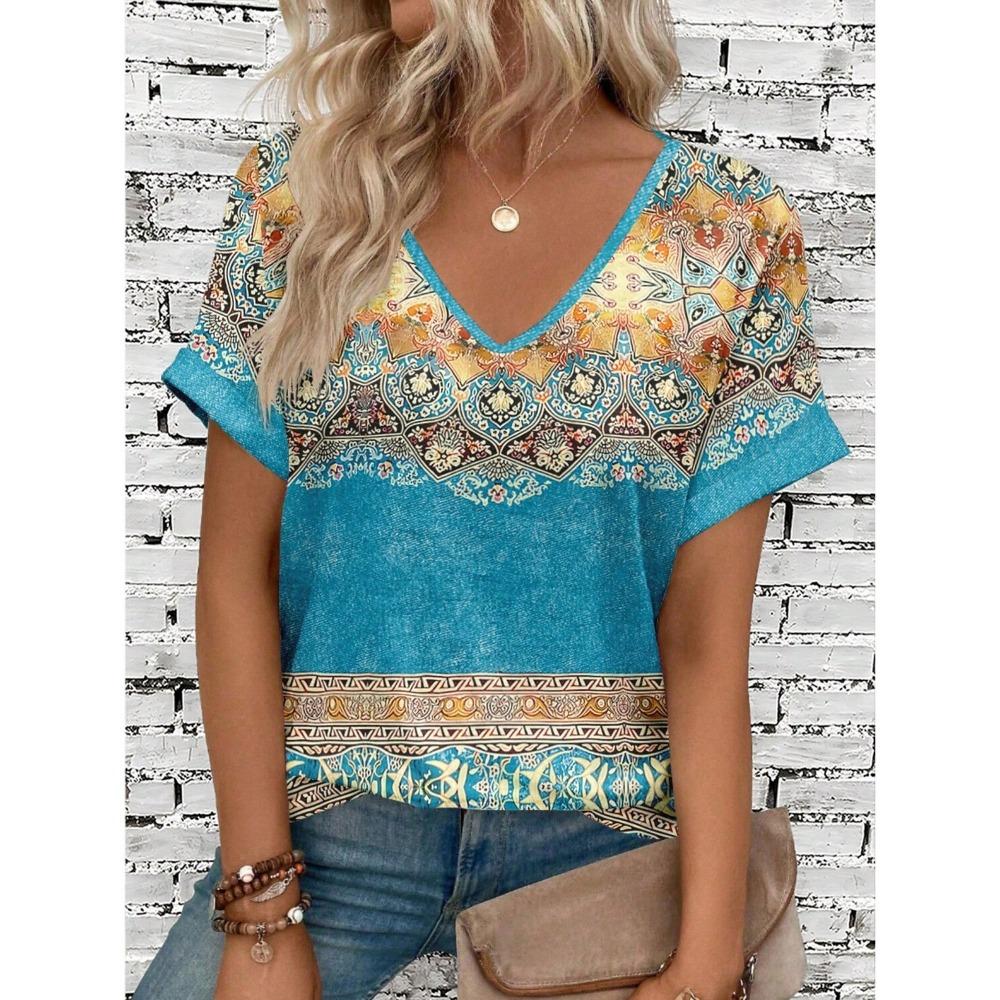 2025 Ethnic Women's T-Shirt Vintage Flower Graphics Fashion Short Sleeved V-Neck Regular