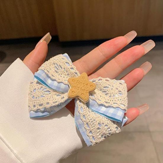 Girl Hairpin Hollow Lace Double-Layer Design Blue Plaid Wooden Star Decoration Hair Clip College Style Hair Accessory
