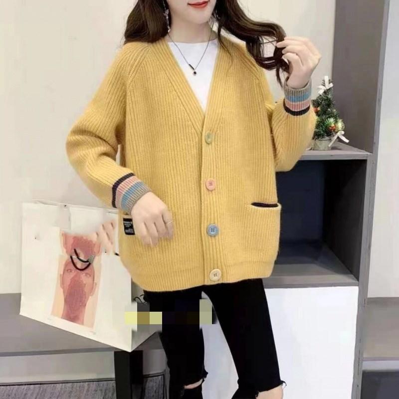

Осенняя корейская свободная и ленивая верхняя одежда в стиле ленивый стиль V-образный вырез вязаный кардиган топ свитер куртка для женщин L жёлтый