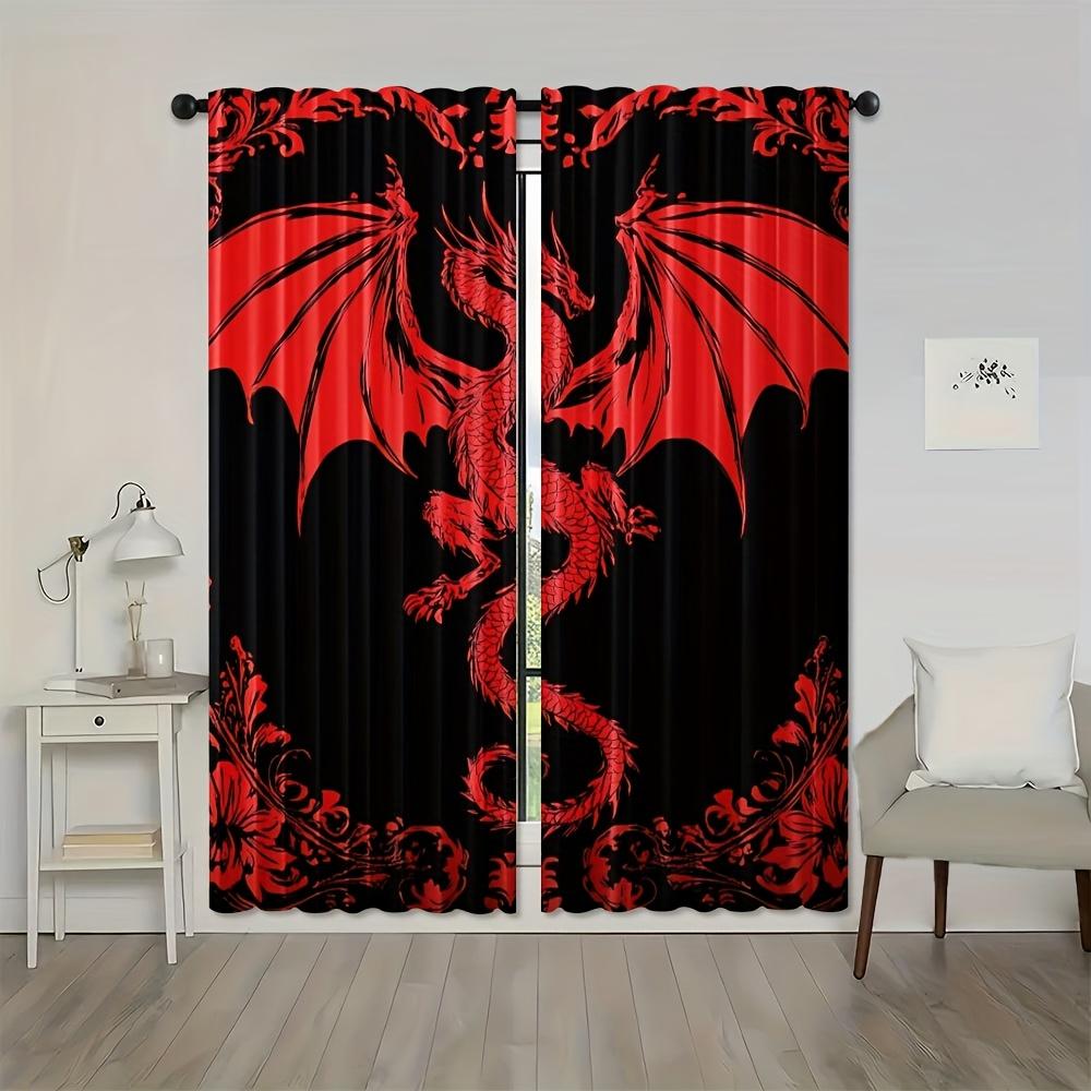 2pcs Bohemian Exotic Dragon Print Curtains - Black with Red & White Dragon Design   Light Filtering Polyester   Rod Pocket for Eas
