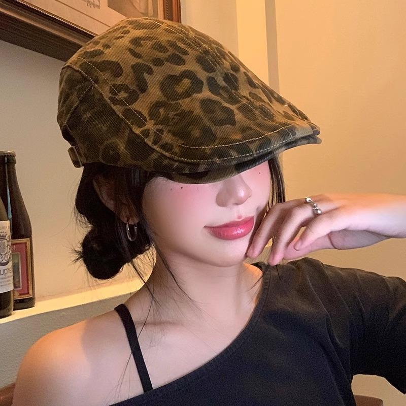 Amerykański Retro Gorąca Dziewczyna  Panterka Czapka z Daszkiem  Jesienny Beret  Wszechstronny i Wyszczuplający Twarz  Niszowy Kapelusz