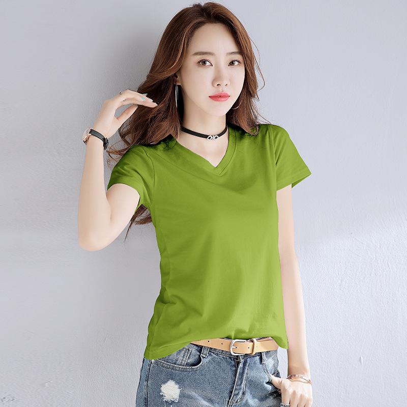 Women's Summer Pink V-Neck Pure Cotton Short Sleeve T-Shirt, Customizable with Logo.