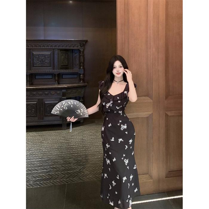 French Butterfly Print Dress Women's Summer New Waist and Thin Temperament Long Dress Black Chiffon Fishtail Dress