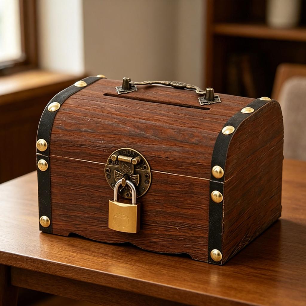 Wooden Piggy Bank Vintage Treasure Chest Shaped Money Saving Bank for Home Decor Party Display 14x10x10cm with Lock