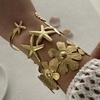 Vintage Exaggerated Wide Cuff Bangle for Women Gold Color Shell Starfish Flower Stainless Steel Bracelet Beach Party Jewelry