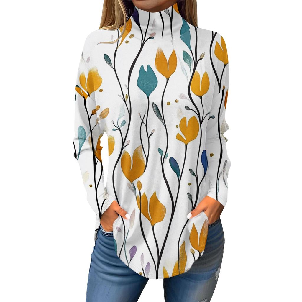 Tee Shirts For Women Fall Casual Long Sleeve Shirts Sweatshirt Vintage Printed High Neck Top Pullover