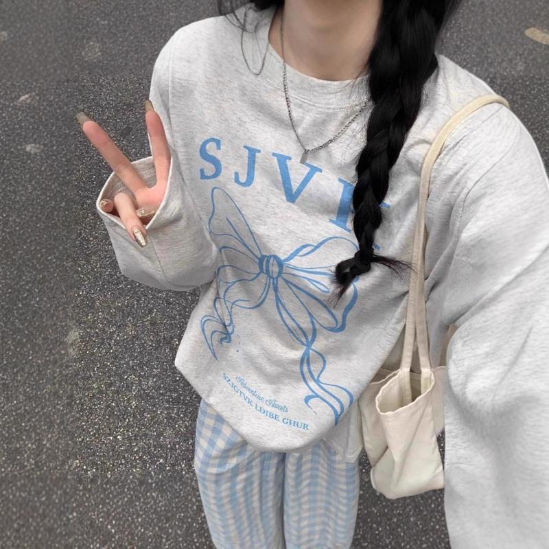 Letter Bow Women's Long Sleeved T-shirt Round Neck New Woman Pullover Tees Autumn Loose Fashion Base Ladies Top