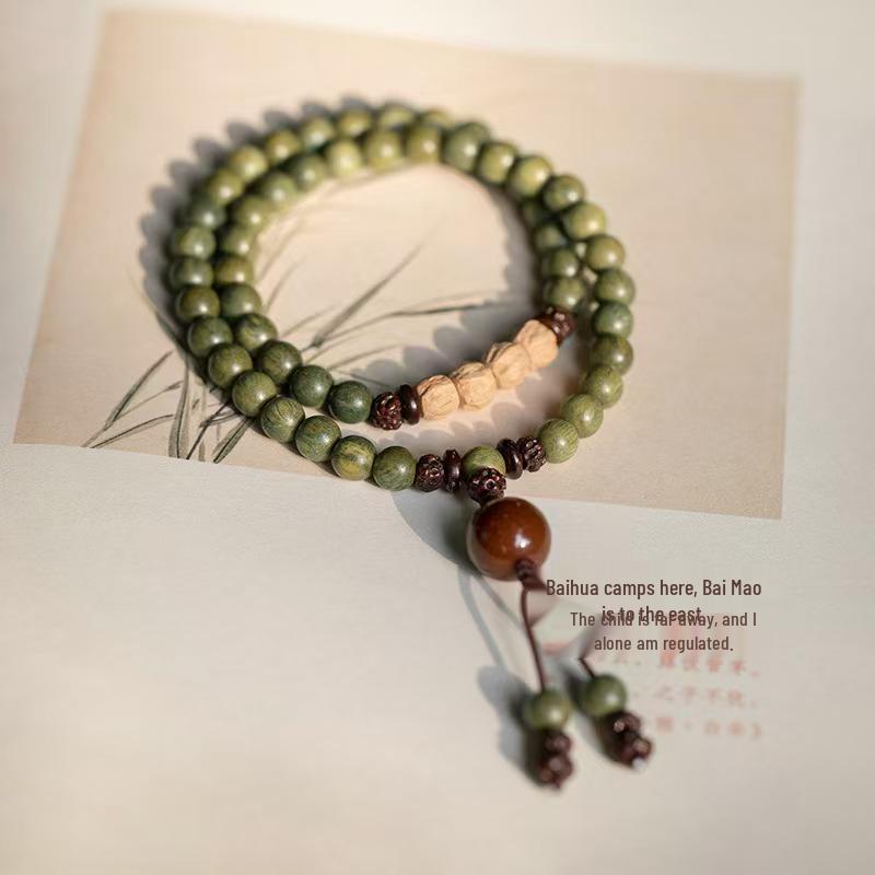 Green Sandalwood Double Circle Bracelet: Wenwan Buddhist Beads for Wealth and Fortune, Unisex
