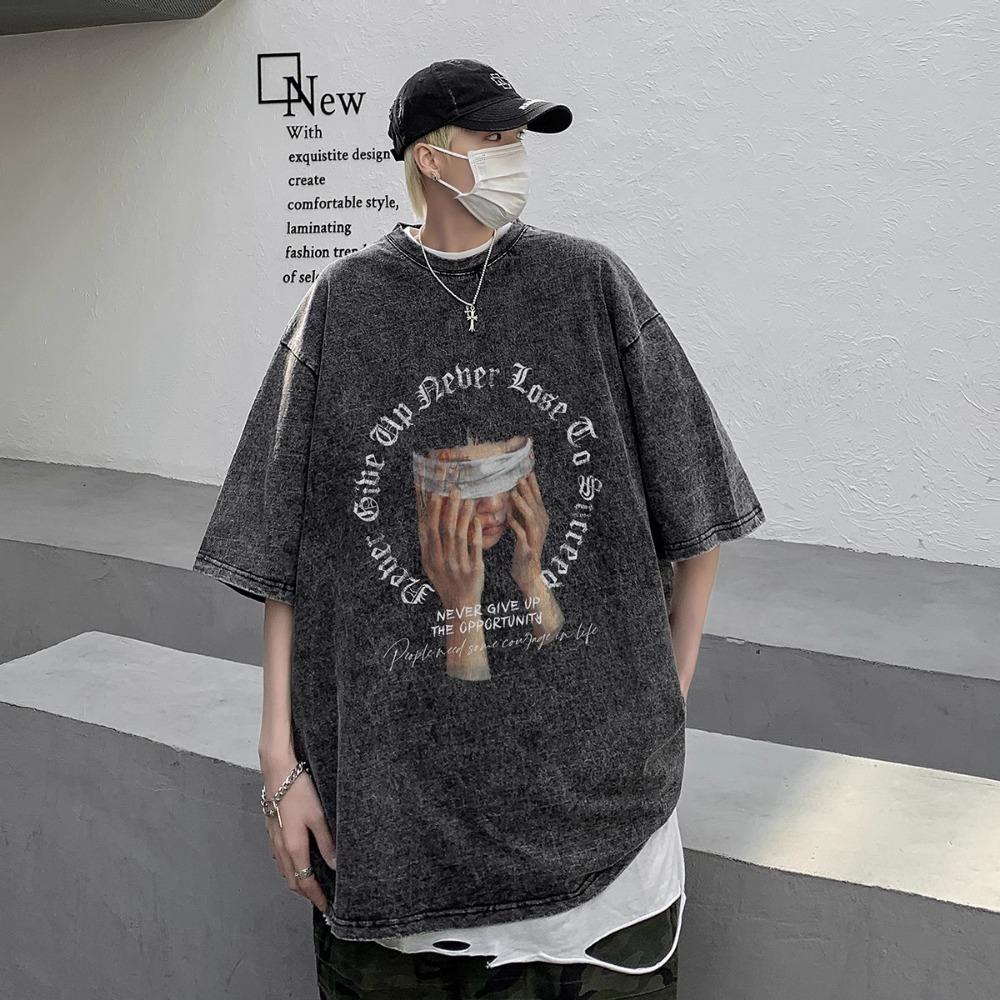 

100% хлопок, вымытая кислотой, винтажная футболка с короткими рукавами и принтом спереди, уличная одежда в стиле хип-хоп, футболки большого размера в стиле Харадзюку XXL чёрный