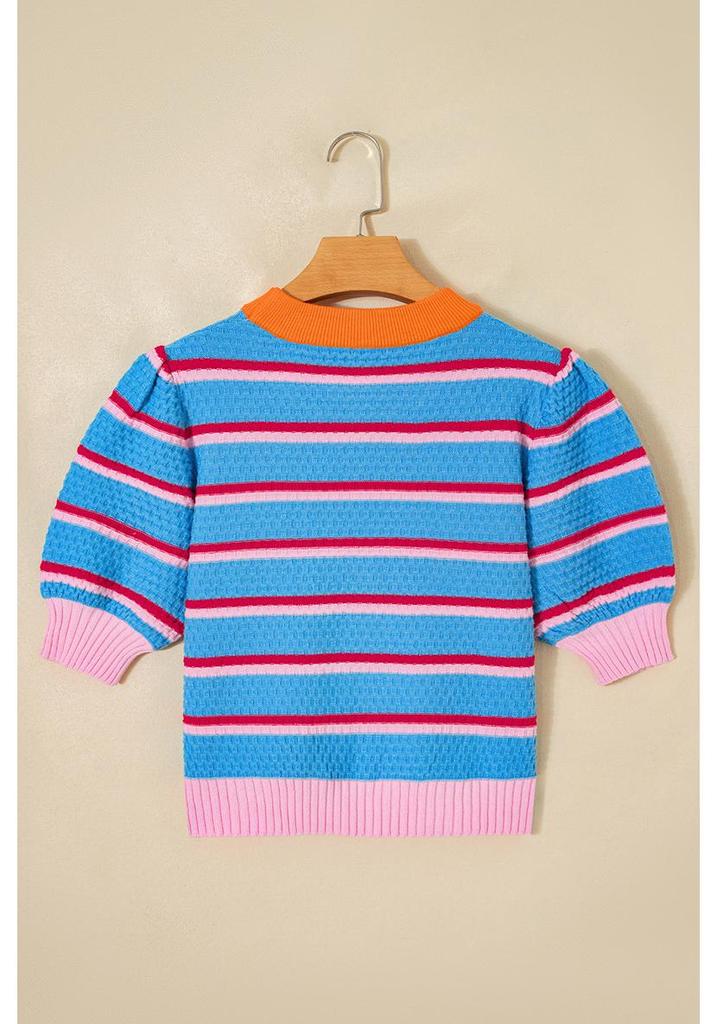 Women's Casual Striped Patchwork Short Sleeve Round Neck Sweater