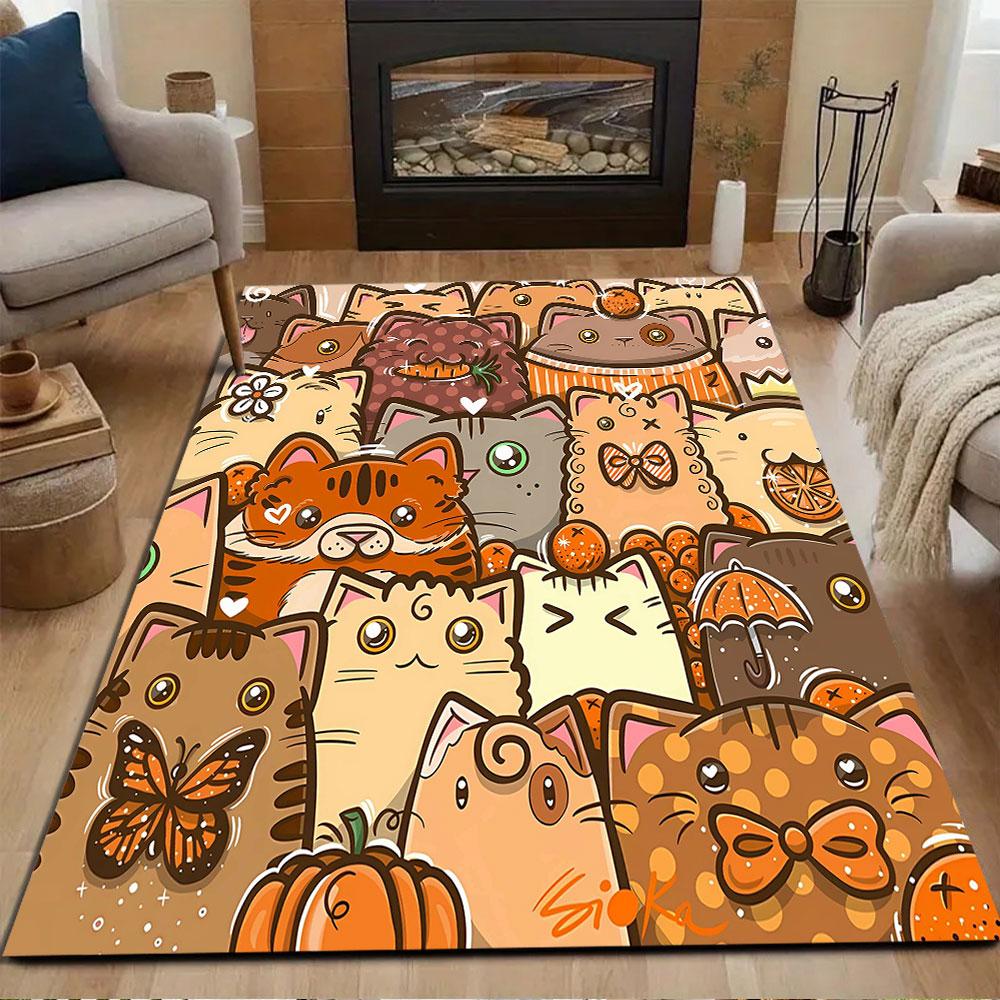 Autumn-Themed Cute Cartoon Cats Illustration Patterned Carpet, Non Slip Mat Suitable for Living Room and Bedroom Sofas