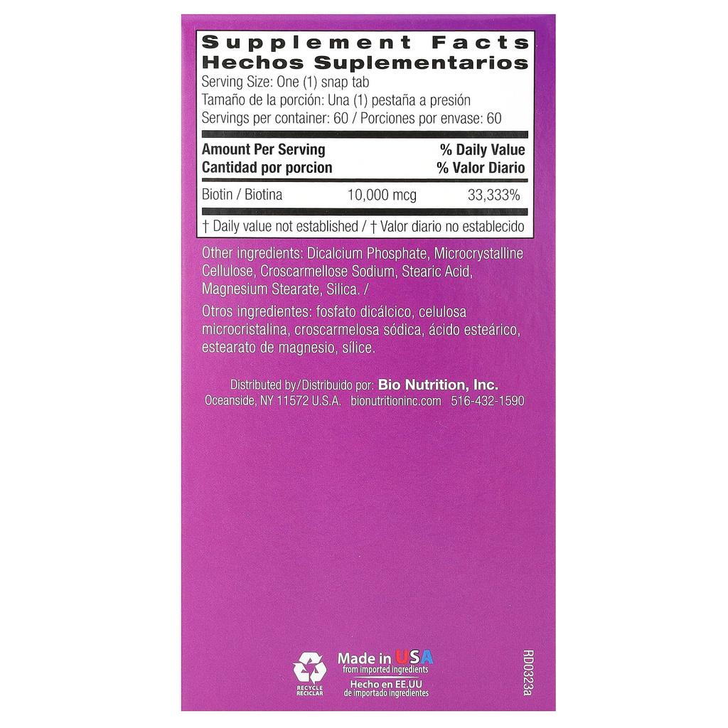 Bio Nutrition, Biotin, Maximale Stärke, 10.000 mcg, 60 Klick-Tabletten
