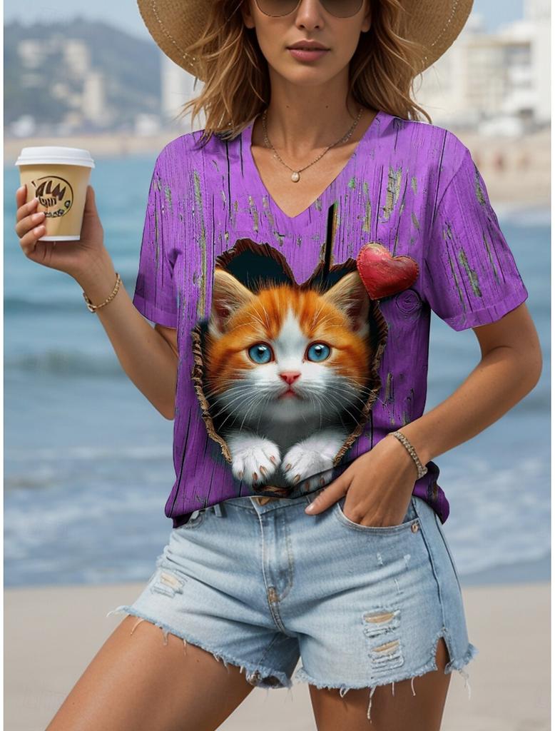 Damen T-Shirt Kawaii Tiergrafik Mode Kurzarm V-Ausschnitt Reguläre Oberteile Täglich bedrucktes T-Shirt Sommer Frühling lässige Oberteile