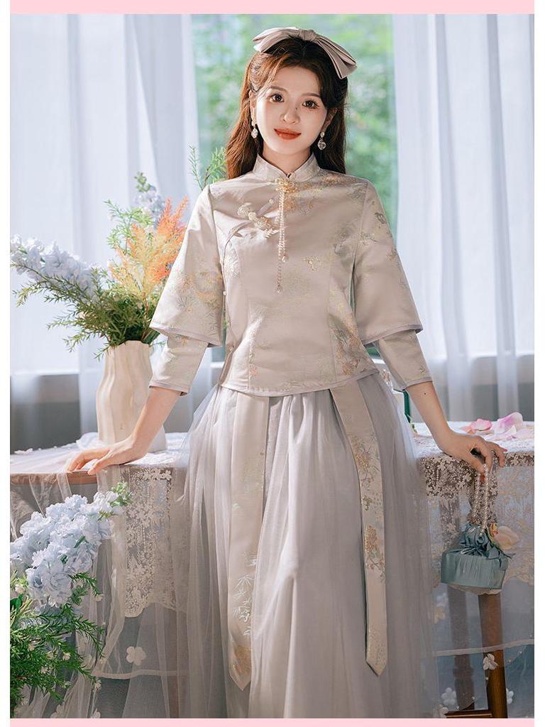 Gray Stand Collar Chinese Bridesmaid Dress 2024 Autumn/Winter - Petite Super Fairy Sisterhood Gown