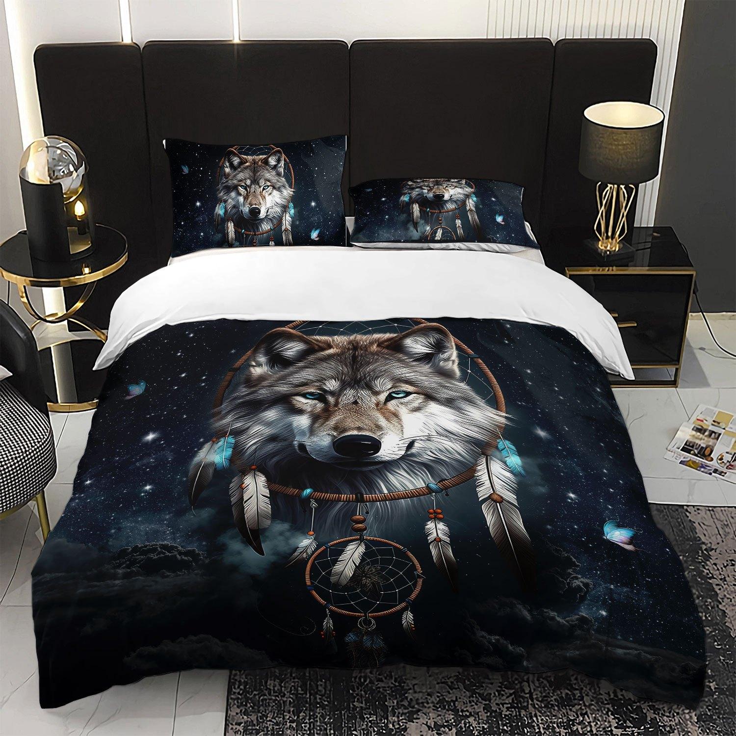 3pcs Wolf Dreamcatcher Galaxy Bedding Duvet Cover Set Bohemian Wolf Bedding Quilt Set Wolf Themed Bed Quilt Set Mystical Wolf (135x200cm)