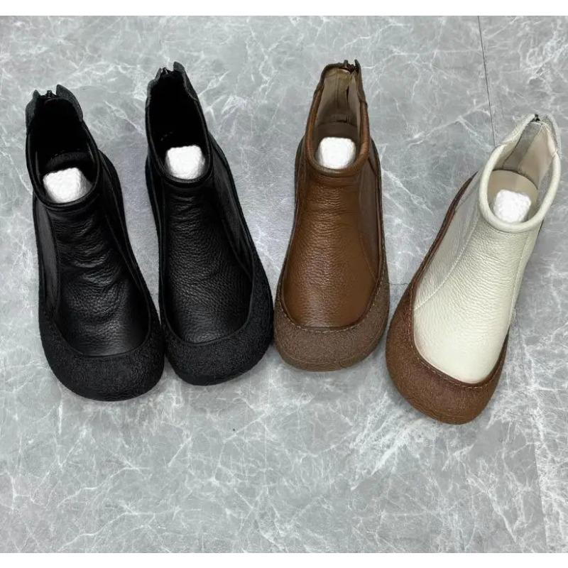 Leather Flats Women Ankle Boots Designer Retro Zipper Shoes 2025 Trend New Brand Soft Oxford Shoes Cozy Winter Botas De Mujer