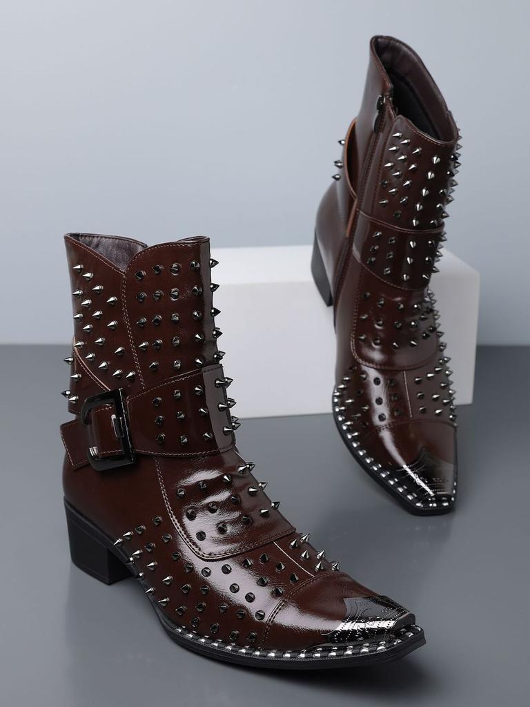 Punk Men'S Leather Boots Rivet Pointed Buckle Personalized Luxury Shoes For Man Chelsea Boots