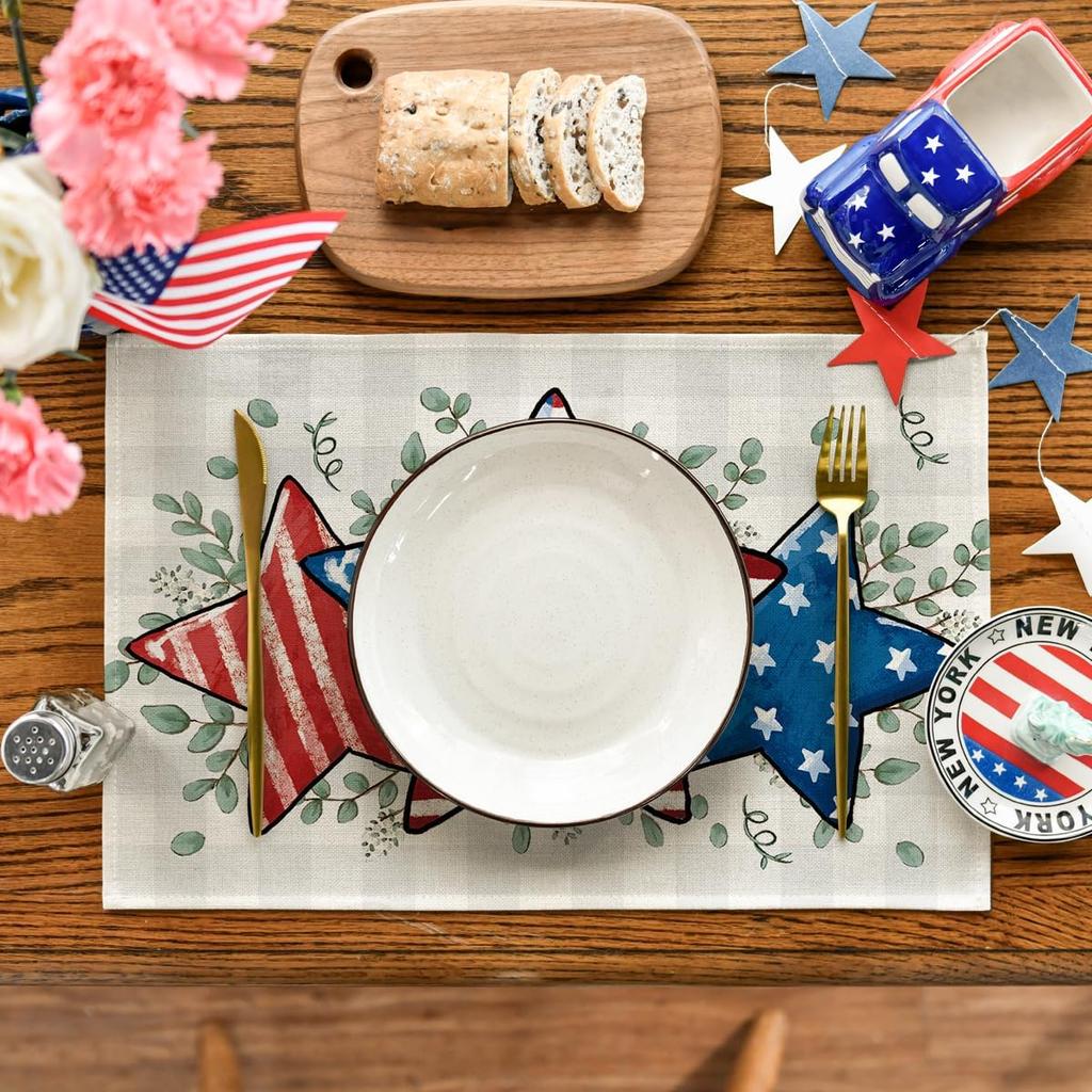 American Flag Stars Eucalyptus 4th of July Placemats Set of 4, 12x18 Inch Seasonal Patriotic Memorial Day Table Mats
