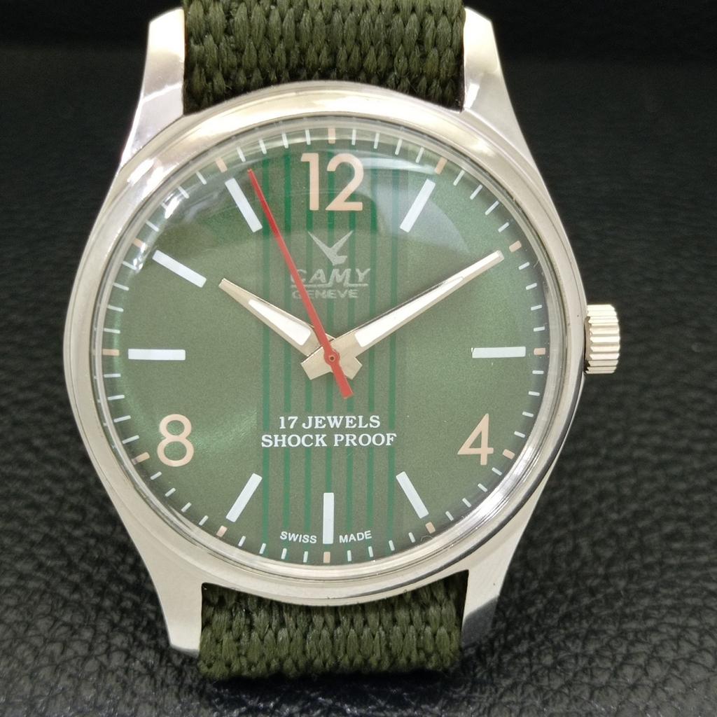 HAND-WINDING VINTAGE CAMY SWISS MENS REFURBISHED GREEN DIAL WATCH A500007-2 R151a-a500007