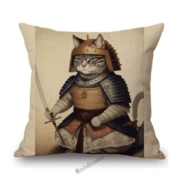 Funny Cute Cat Samurai Catoon Home Decorative Sofa Throw Pillow Case Cotton Linen Car Chair Cushion Cover