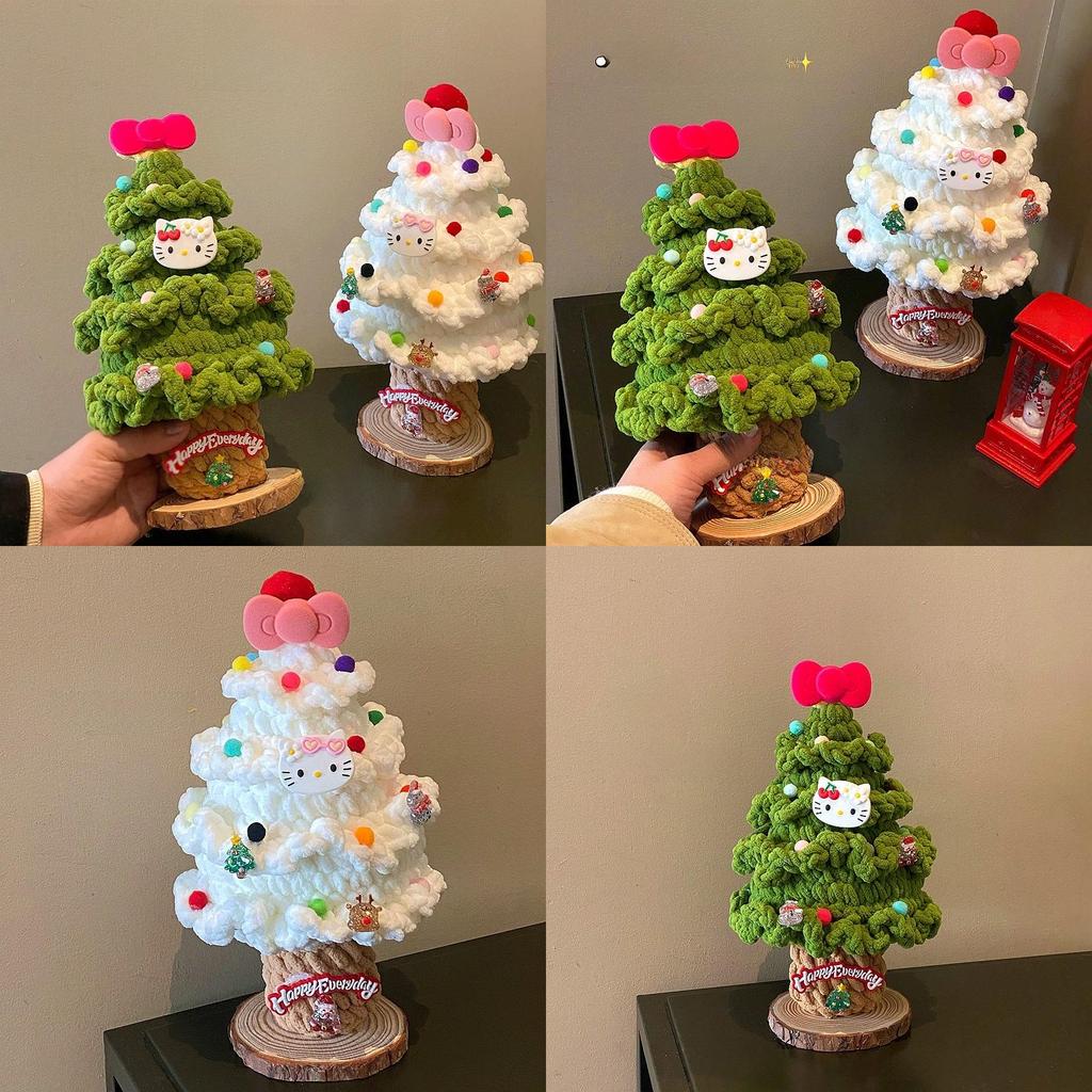 Hello Kitty Christmas Tree Handmade Knitted Ornament With Butterfly Bow For Holiday Decor