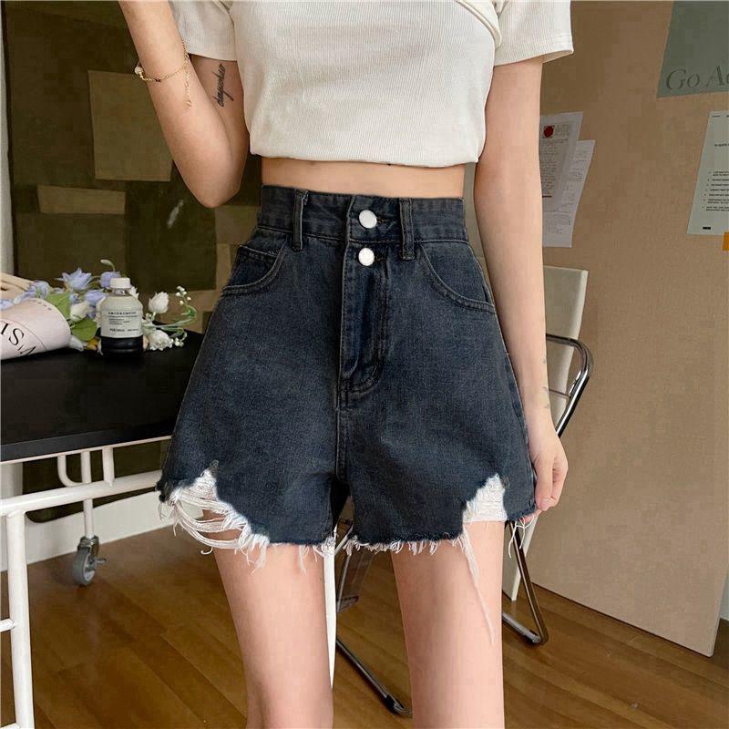 

Korean Style High Waist Ripped Denim Shorts - Button-Up, Loose A-Line, Trendy Summer Fit for Women M темно-сірий