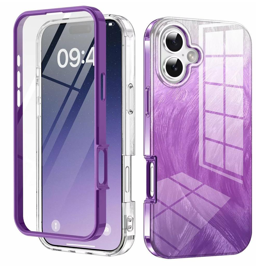 For iPhone 16 Plus Case Gradient Feather Pattern PC+TPU Phone Cover Built-In PET Screen Film