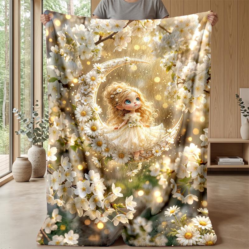 Fairy On Crescent Moon Theme Blanket Lightweight Warm Flannel Blanket Decorative Throw Blanket for Home Decoration