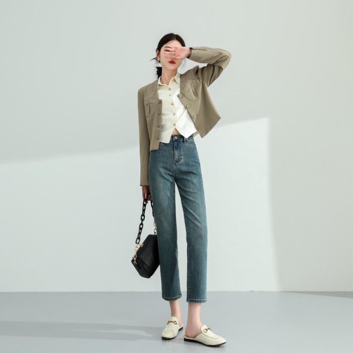 Autumn High Waist Slimming Straight Leg Stretch Jeans - Women's Soft Fabric Cropped Pants