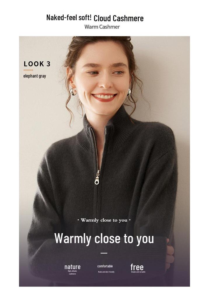 Women's High-Neck Cashmere Cardigan - 2024 Autumn/Winter Collection, Thick Seven-Gauge Solid Sweater Coat