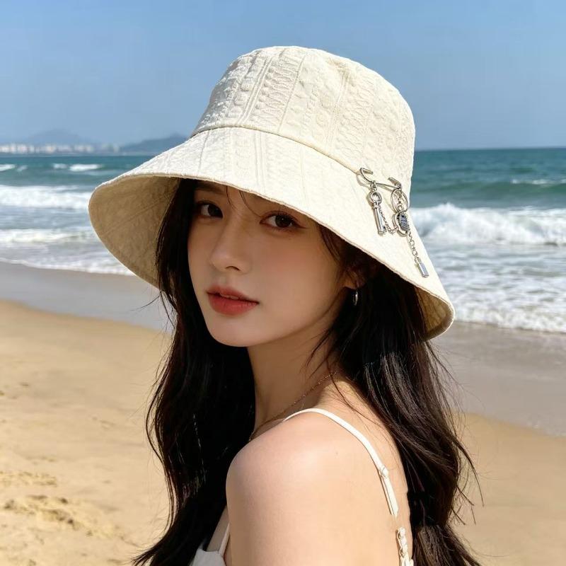 Women'S Beige Cotton Bucket Hat With Embroidery & Detachable Pin Charm, Uv Protection Wide Brim Sun Hat For Outdoor Beach Travel