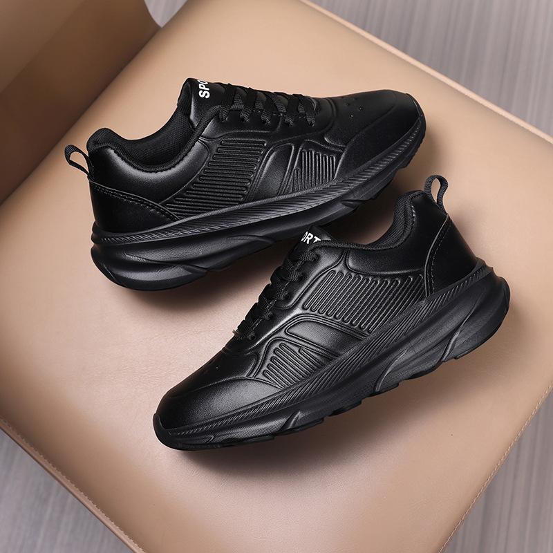 Casual Sports Shoes Leather Surface All Black Spring and Autumn Waterproof Soft Sole Light Wear-resistant and Comfortable