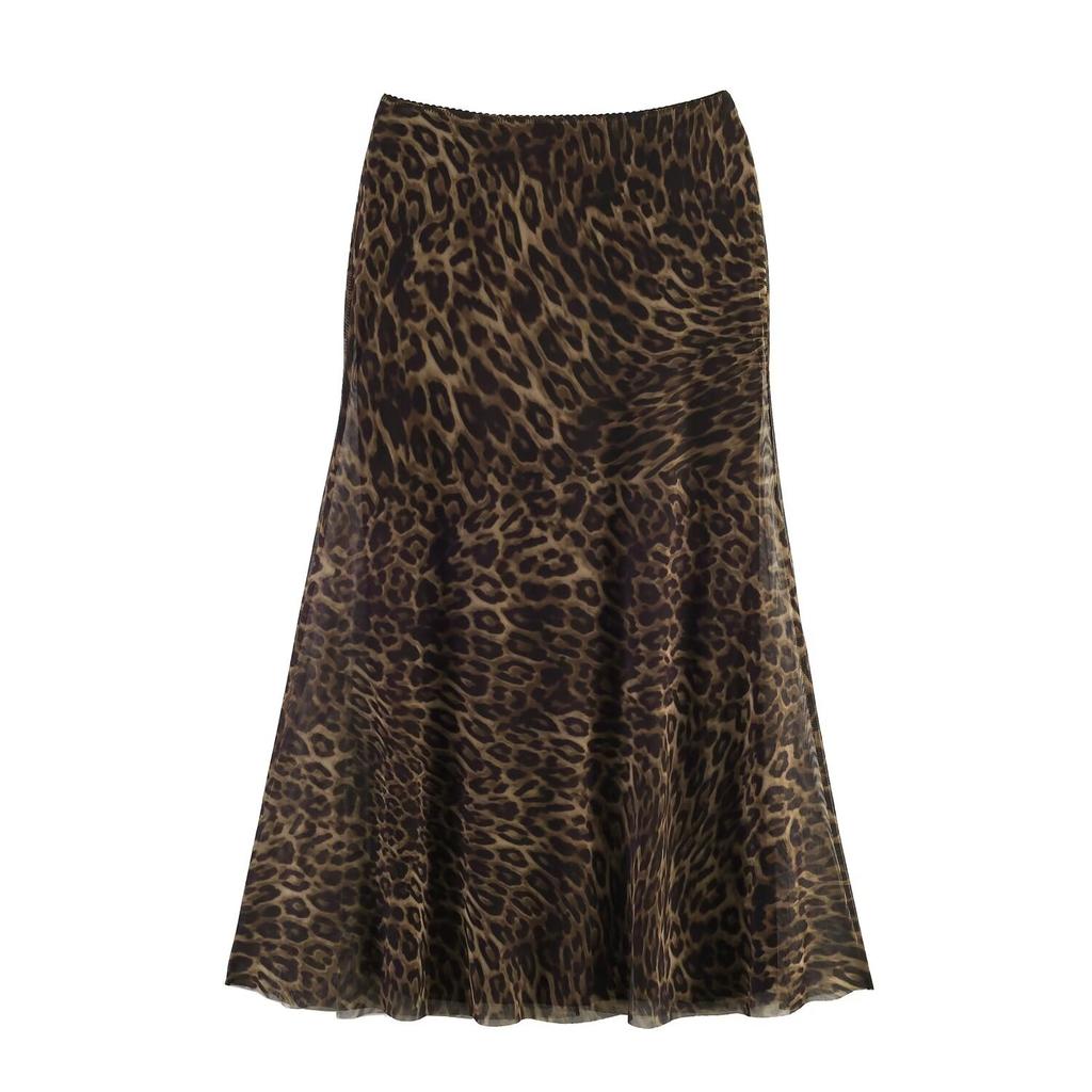 Stile europeo e americano moda donna francese top in rete di seta stampata con motivo animalier + gonna in rete di seta stampata