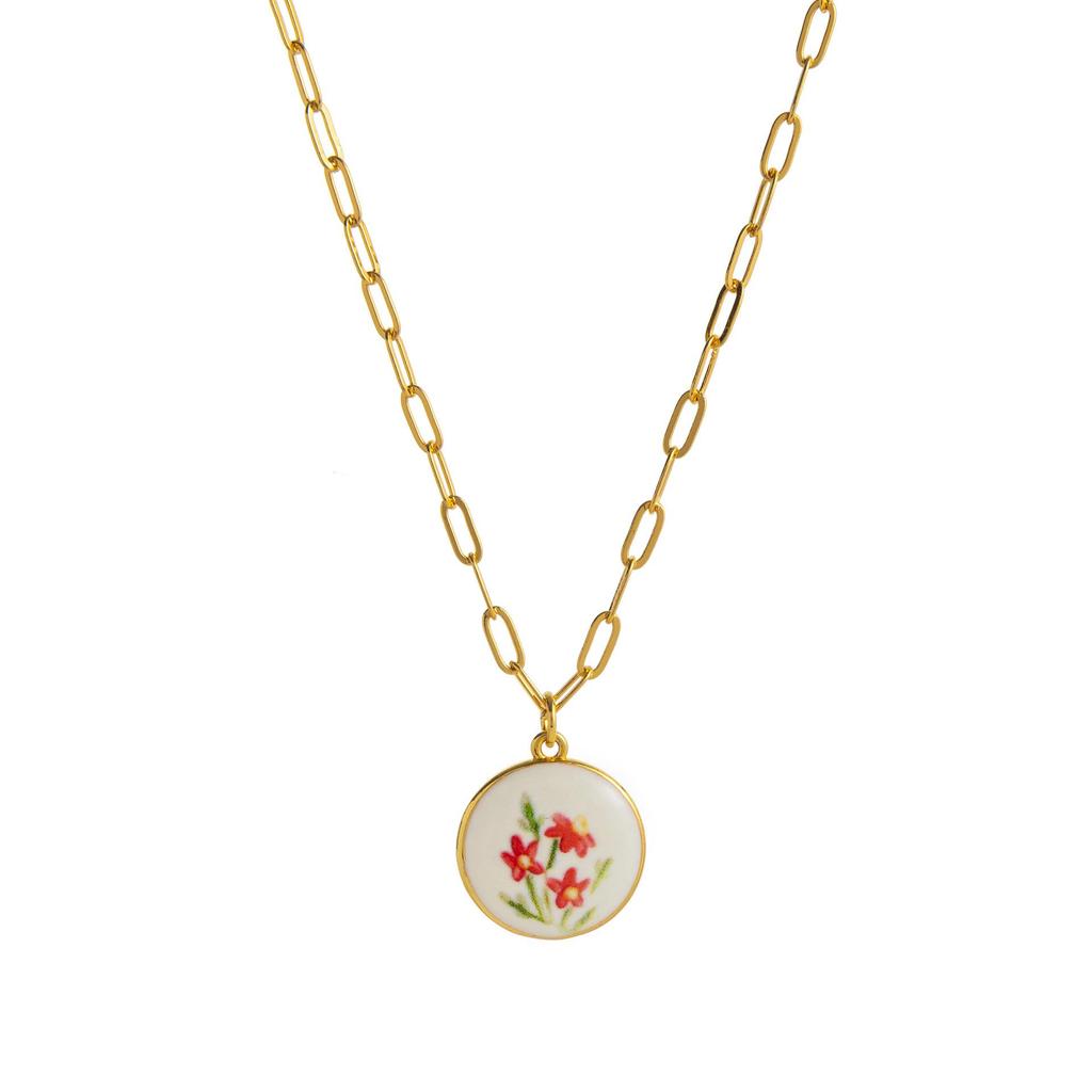European-American Fresh Plant Series: Lemongrass & Strawberry Bow Pendant Necklace, Clavicle Chain Copper.