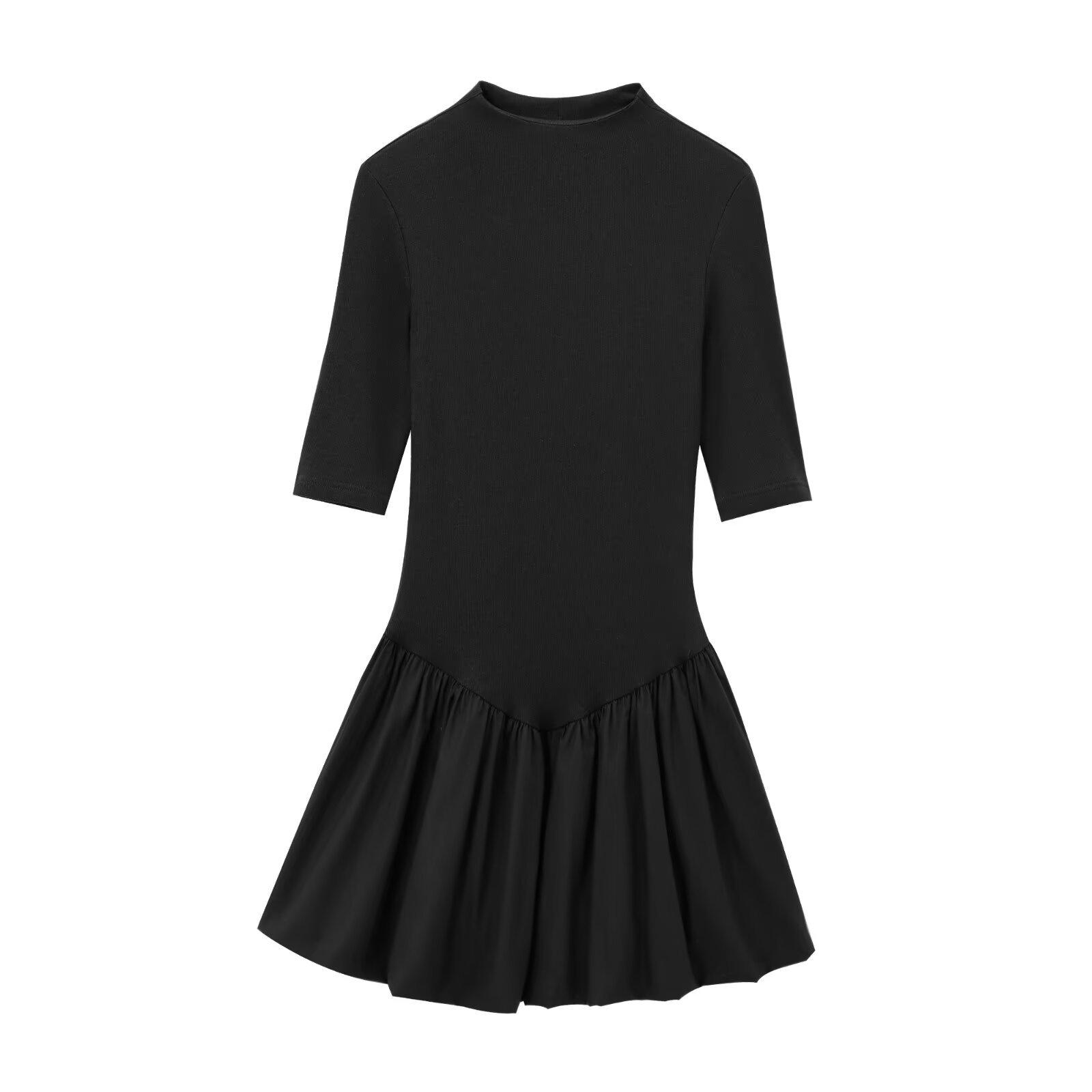 

Женское весеннее платье 2025 года в европейском и американском стиле с воротником-стойкой из поплина с вставками, короткое Small чёрный