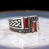 Retro Turkish Handmade Men Ring Vintage Carved Pattern Red Zircon Rings Rock Punk Islamic Muslim Wedding Jewelry