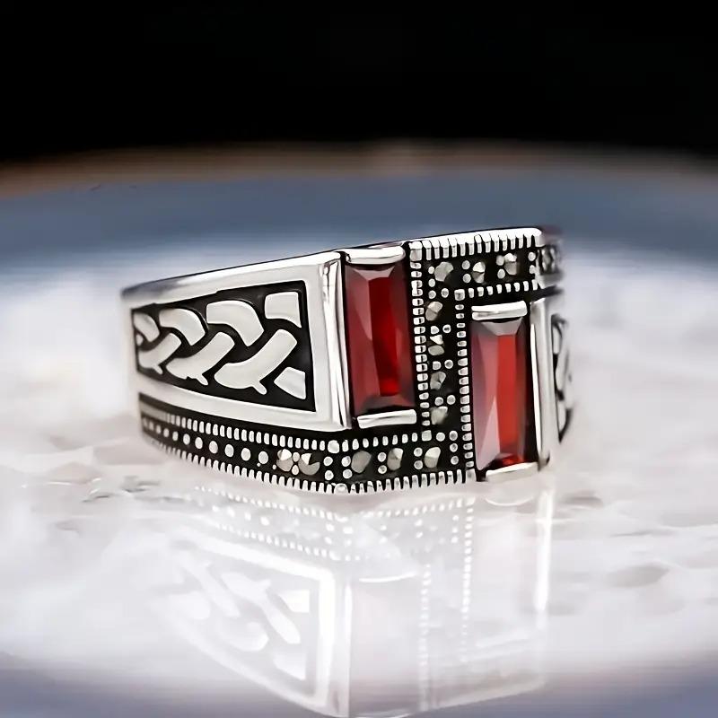 Retro Turkish Handmade Men Ring Vintage Carved Pattern Red Zircon Rings Rock Punk Islamic Muslim Wedding Jewelry