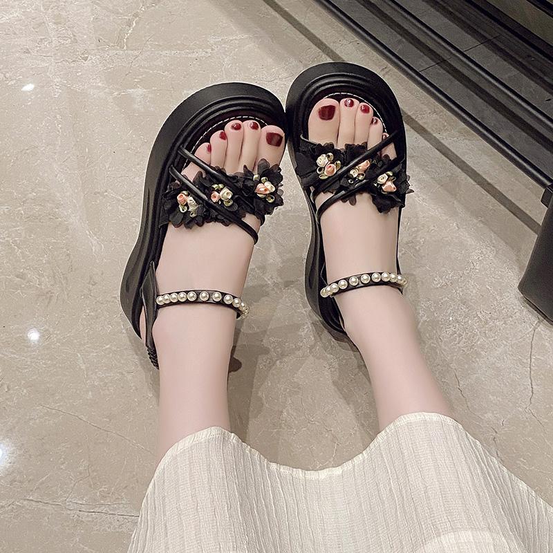 Summer New Sandals for Girls Pearls Beading Soft Platform Kids Casual Open-toe Beach Party Shoes with Bow-knot