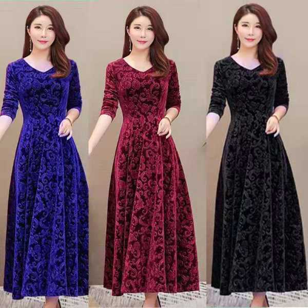 New Women's Fashion Autumn Winter Long Sleeve Elegant One Piece Solid Color Velvet Dress