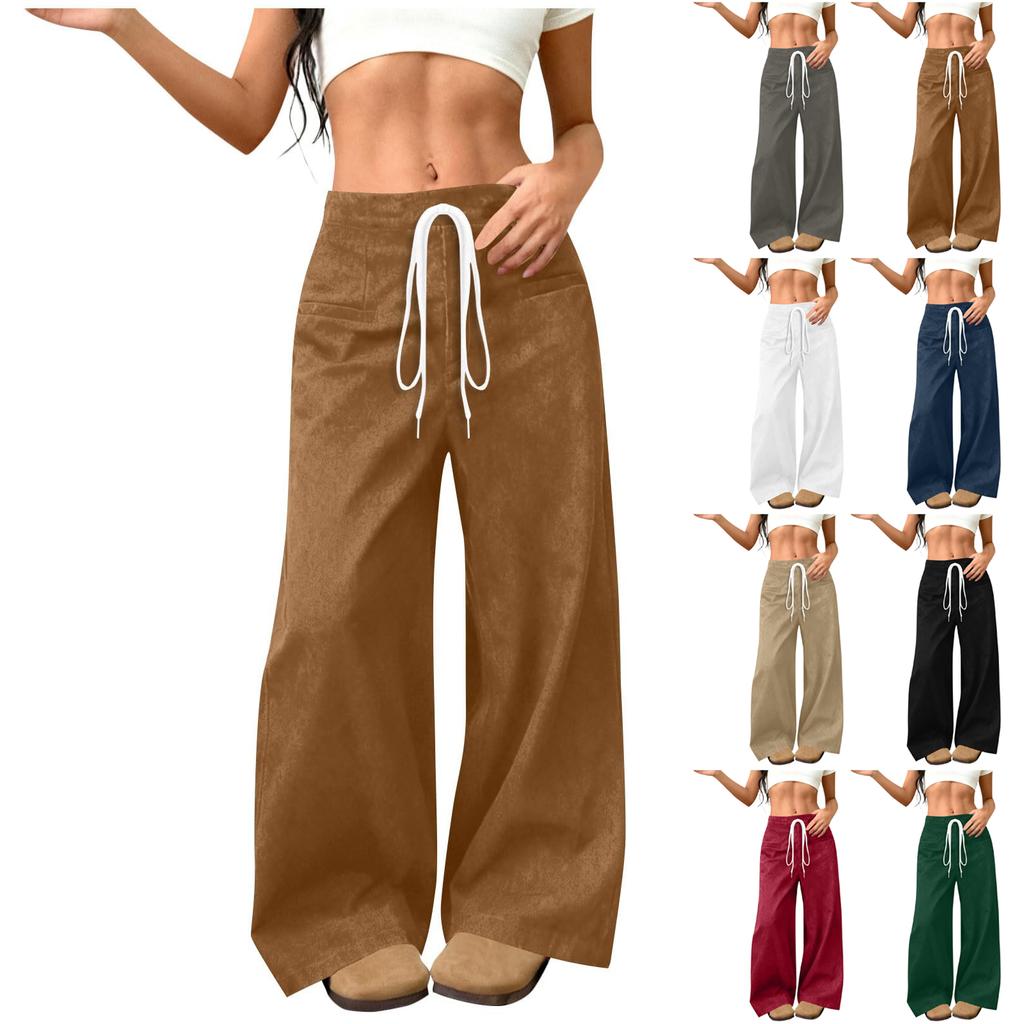 Womens Suede Wide Leg Pants Elastic Waist Loose Fit Trousers Drawstring Waistband with Pockets Casual Style Long Pants
