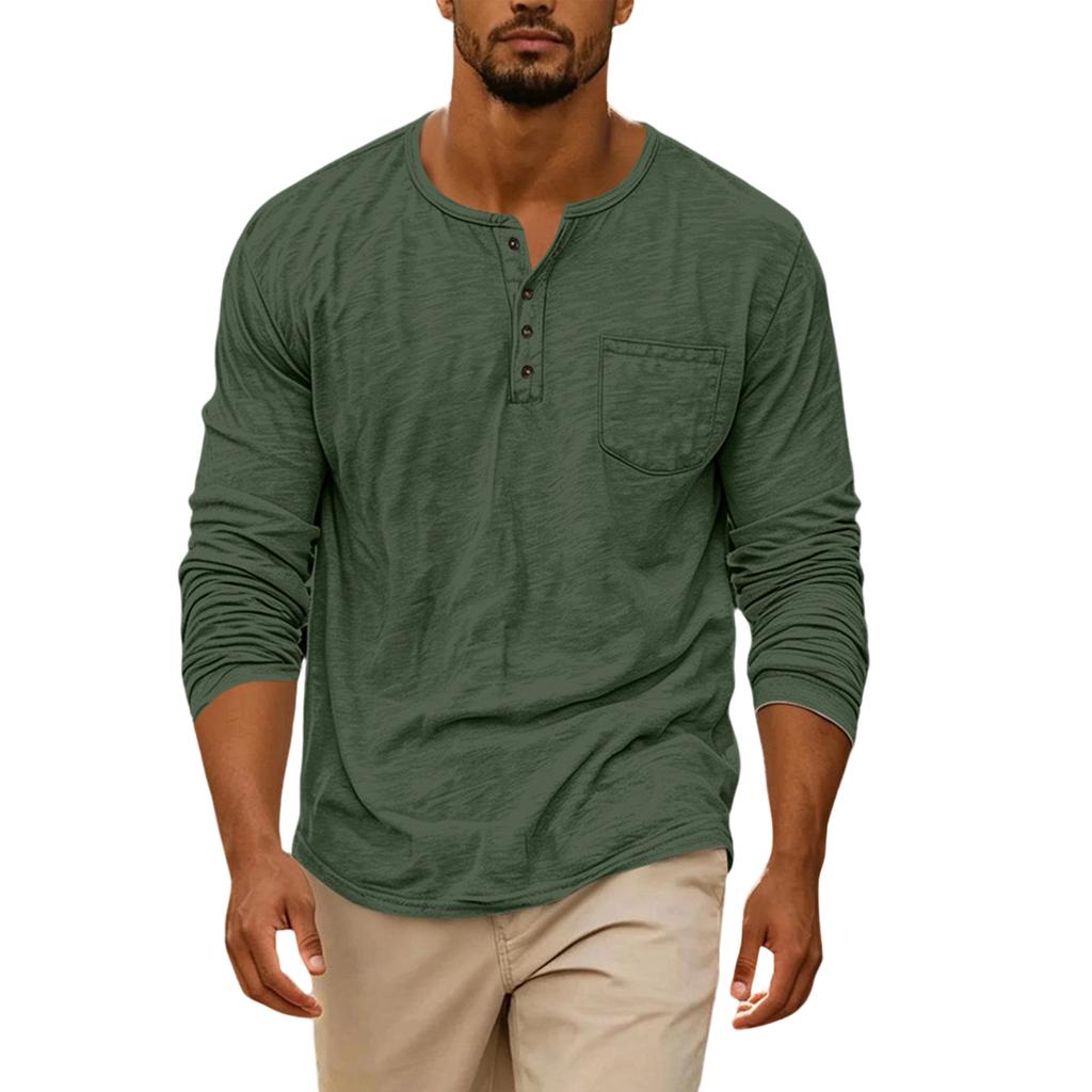 Men's Casual Long Sleeve Round Neck Shirt with Button Front and Pockets