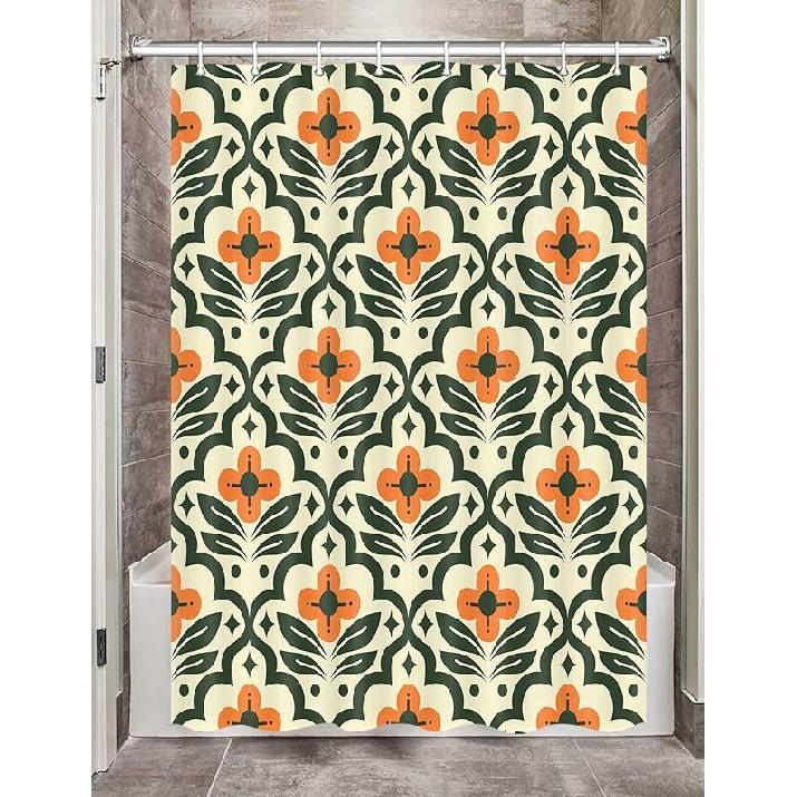 JAWO Vintage Boho Floral Shower Curtain, Green Orange Retro Flower Fabric Shower Curtains Set for Bathroom Decorative, Mid Century Modern Abstract