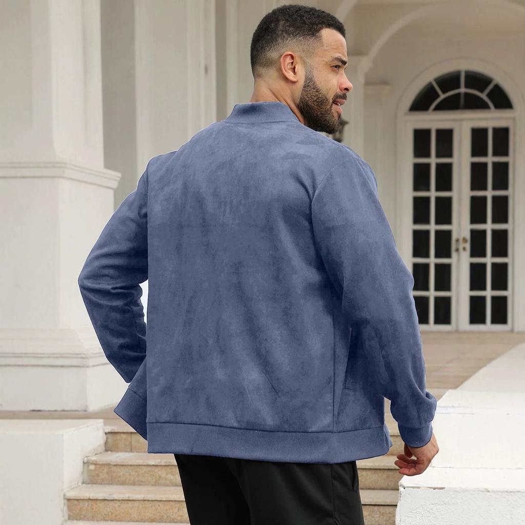 Men Faux Suede Bomber Jacket Stand Collar Full Zip Up Long Sleeve Solid Color Casual Outerwear Fall Daily Streetwear Coat