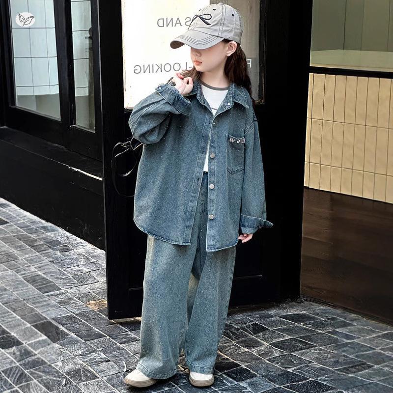 Rhinestone Denim Set voor Meisjes: Stijlvol Shirt & Wijde Broek voor Lente & Herfst (2026)